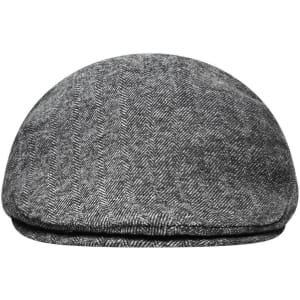 A grey herringbone-patterned cap with a rounded shape and a flat brim, featuring a logo on the side.