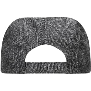 A grey herringbone cap with a curved visor and an open back design. It features a logo on one side.