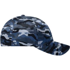 A camouflage cap in shades of blue and grey, featuring a logo on the front.