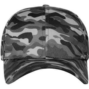 A camouflage cap featuring a grey and black pattern. It has a curved brim and a logo on the front.