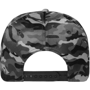 A camouflage cap in shades of grey and black, featuring a snapback closure and a logo.