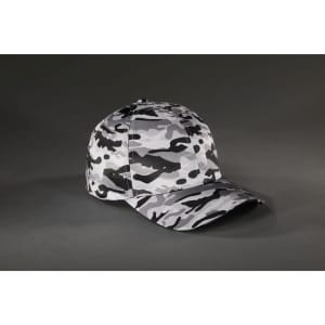 A grey camouflage cap with a six-panel structure and a curved brim, featuring a logo on the front.