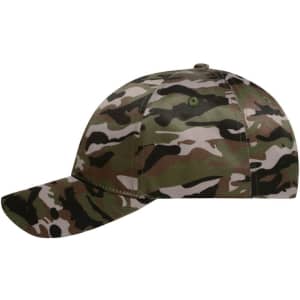 A camouflage cap featuring a six-panel design, showcasing shades of green, brown, and beige with a curved brim.