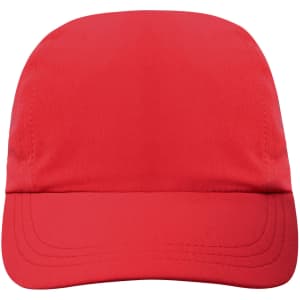 A red 3 panel cap featuring a structured design and a visor, with a logo on the front.