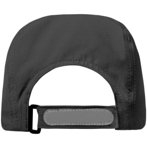 A black 3 panel cap featuring a curved brim and an adjustable strap at the back. It has a simple logo.