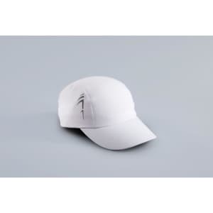 A white 3 panel cap with a curved brim and a logo on the side. Suitable for headwear.