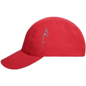 A red 3 Panel Cap featuring a curved brim and a logo on the side.