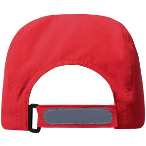 A red 3 Panel Cap featuring a grey adjustable strap and a logo on the back.