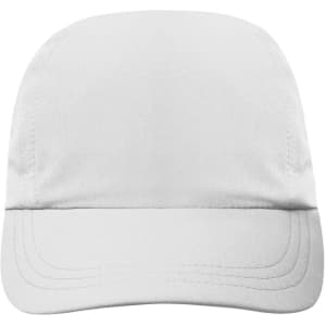 A three-panel cap in white with a logo on the front. Features a structured design and a curved brim.