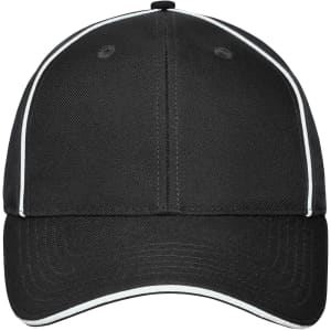 A black six-panel workwear cap with white piping and a logo, suitable for various outdoor activities.