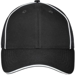 A solid black six-panel workwear cap with white piping and a logo on the front.