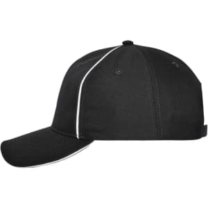 A black six-panel workwear cap with a white stripe, featuring a logo on the front.