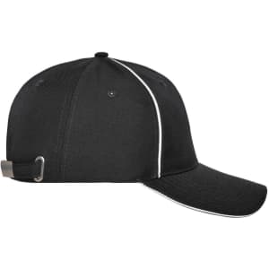 A black 6 panel workwear cap featuring a contrasting white trim and an adjustable strap at the back.