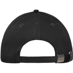 A black 6-panel workwear cap with a curved brim and an adjustable strap at the back. It features a logo.