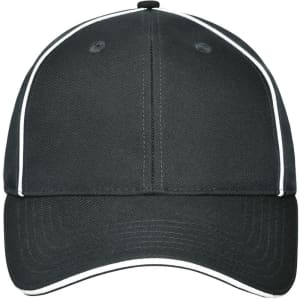 A solid black six-panel workwear cap with contrasting white piping and a logo on the front.