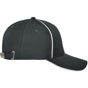 A black 6 panel workwear cap with a white stripe, featuring an adjustable strap and a logo on the front.