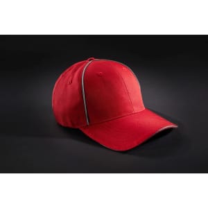 A red six-panel cap with contrasting trim and a logo. Ideal for workwear or casual wear.