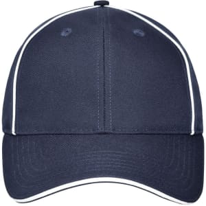 A navy blue six-panel workwear cap with contrasting white piping and a logo on the front.