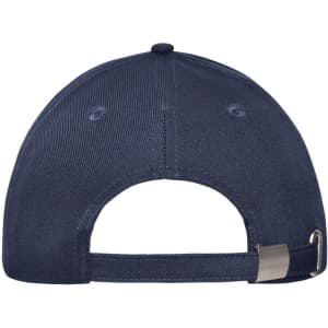 A navy blue 6-panel workwear cap with a buckle at the back and ventilation holes. It features a logo label.