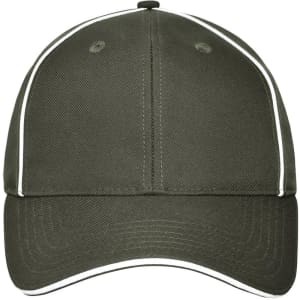 A solid olive-green cap with white piping and a logo on the front.
