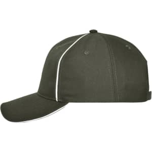 A solid olive green 6 panel workwear cap with white detailing and a branded logo on the side.
