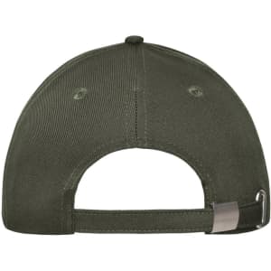 A solid green 6 panel workwear cap with a curved brim and an adjustable back strap. It features a logo on the side.
