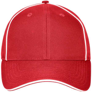 A red six-panel workwear cap with white piping and a logo on the front.