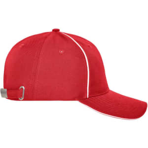 A red six-panel workwear cap with a curved brim and contrasting white piping, featuring a logo on the side.