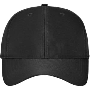 A black six-panel workwear cap with a solid design and a logo on the front.