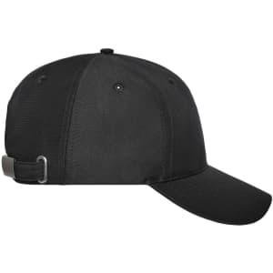 A black six-panel workwear cap featuring a back adjustment strap and a logo.