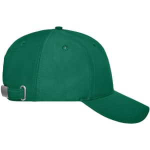A green 6-panel workwear cap featuring a logo and an adjustable strap at the back.