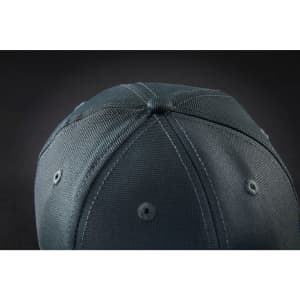 A dark grey 6 panel workwear cap featuring ventilation holes and a branded logo.