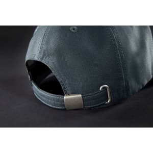 A grey 6-panel workwear cap featuring an adjustable strap and a logo on the side.