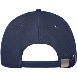 A navy blue 6 panel workwear cap with a rear adjustable strap and a logo on the back.