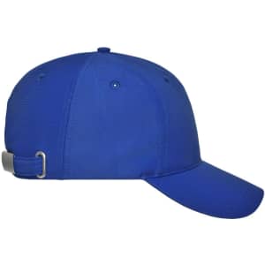 A blue 6-panel workwear cap featuring an adjustable strap and a logo on the side.