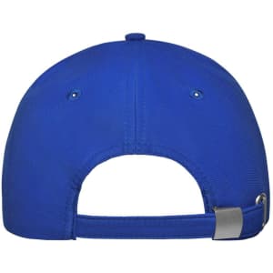 A blue six-panel workwear cap featuring a rear strap and a logo.