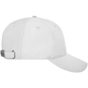 A grey six-panel workwear cap with an adjustable strap and a logo on the side.
