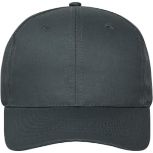 A six-panel cap made from organic cotton in a dark grey colour, featuring a logo on the front.
