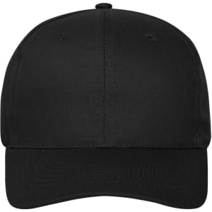 A black 6-panel cap made of organic cotton, featuring a logo on the front.