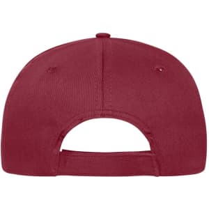 A maroon 6-panel cap made from organic cotton, featuring a back adjuster and a branding logo.