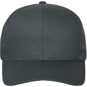 A dark grey 6-panel cap made from organic cotton, featuring a logo on the front.