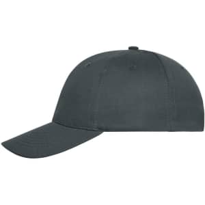 A dark grey 6 panel cap made of organic cotton, featuring a curved brim and a branding logo.