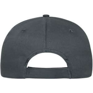 A grey 6-panel cap made of organic cotton, featuring an adjustable back strap and a logo.