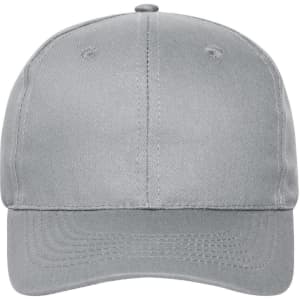 A grey six-panel cap made from organic cotton, featuring a logo on the front.