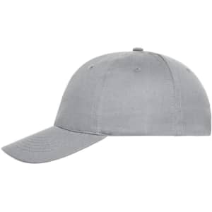 A grey six-panel cap made of organic cotton, featuring a curved brim and a logo on the side.