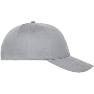 A grey six-panel cap made from organic cotton, featuring a curved peak and a logo on the side.
