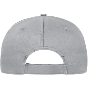 A grey 6 panel cap made from organic cotton, featuring a back strap and a logo.