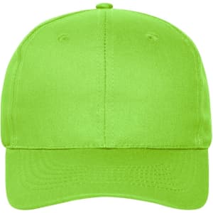 A vibrant green 6-panel cap made of organic cotton, featuring a logos on the front.