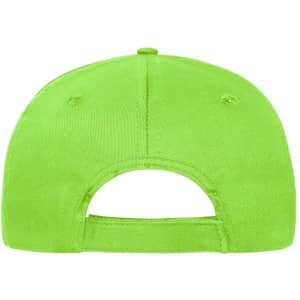 A bright green 6-panel cap made of organic cotton, featuring an adjustment strap at the back and a logo.