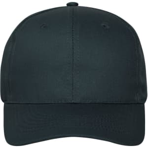 A dark green 6 panel cap made of organic cotton, featuring a stitched brim and ventilation holes.